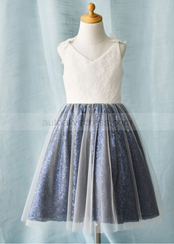 Ivory Lace Tulle Navy Blue Sequin V Neck Short Flower Girl Dress Ivory Lace Tulle Navy Blue Sequin V Neck Short Flower Girl Dress